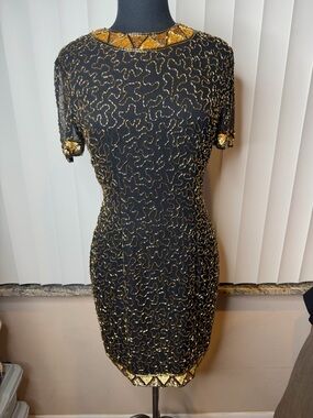 A.J. Bari Vintage 100% Silk Black Sequin Cocktail Dress with Gold Trim Size 8